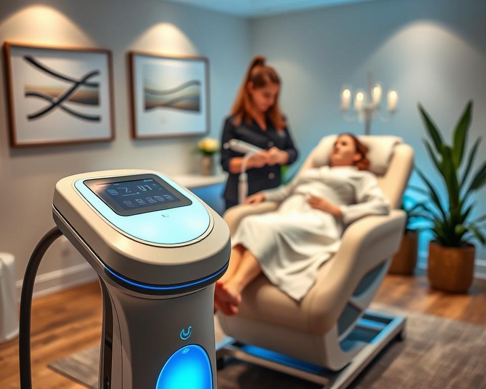 A professional and serene spa environment featuring the T-Shape 2 treatment at Capri Med Spa. In the foreground, a sleek, modern treatment device designed for body sculpting and contouring, with soft blue and white accents. In the middle, a trained technician in professional attire is demonstrating the treatment on a client, who is comfortably seated in a cozy treatment chair, wearing a modest spa robe. The atmosphere is calm, with gentle ambient lighting and soft shadows that evoke relaxation. In the background, there are clean, minimalist decor elements, including soothing artwork and potted plants, contributing to a tranquil spa vibe. The image captures the essence of advanced body contouring while conveying a sense of professionalism and care. A professional and serene spa environment featuring the T-Shape 2 treatment at Capri Med Spa. In the foreground, a sleek, modern treatment device designed for body sculpting and contouring, with soft blue and white accents. In the middle, a trained technician in professional attire is demonstrating the treatment on a client, who is comfortably seated in a cozy treatment chair, wearing a modest spa robe. The atmosphere is calm, with gentle ambient lighting and soft shadows that evoke relaxation. In the background, there are clean, minimalist decor elements, including soothing artwork and potted plants, contributing to a tranquil spa vibe. The image captures the essence of advanced body contouring while conveying a sense of professionalism and care.