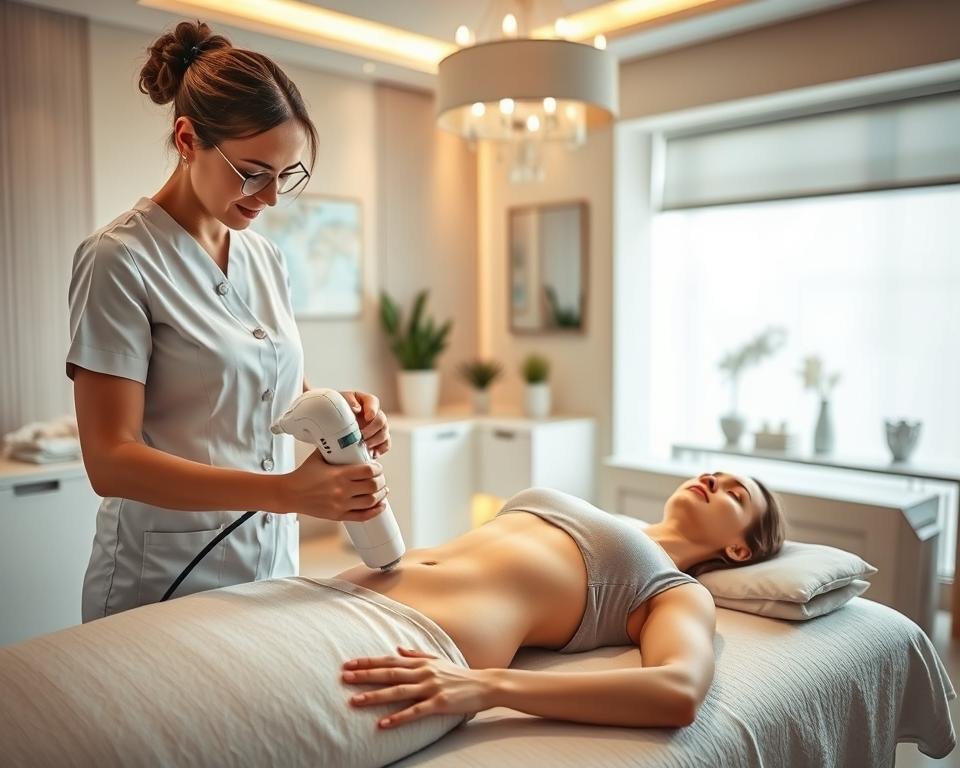A serene treatment room in Capri Med Spa, showcasing the T-Shape 2 body sculpting procedure. In the foreground, a professional therapist in a modest white uniform is gently guiding a high-tech T-Shape 2 device on a client's abdomen, emphasizing its contouring capabilities. The client, dressed in a comfortable, professional outfit, is relaxed on a comfortable treatment table with a serene expression. In the middle ground, soft overhead lighting casts a warm glow on clean, modern spa furnishings, with decorative plants enhancing the calming atmosphere. In the background, elegant spa decor and soothing colors promote tranquility. The image captures a blend of professionalism and relaxation, inviting viewers to explore the benefits of T-Shape 2 at Capri Med Spa.