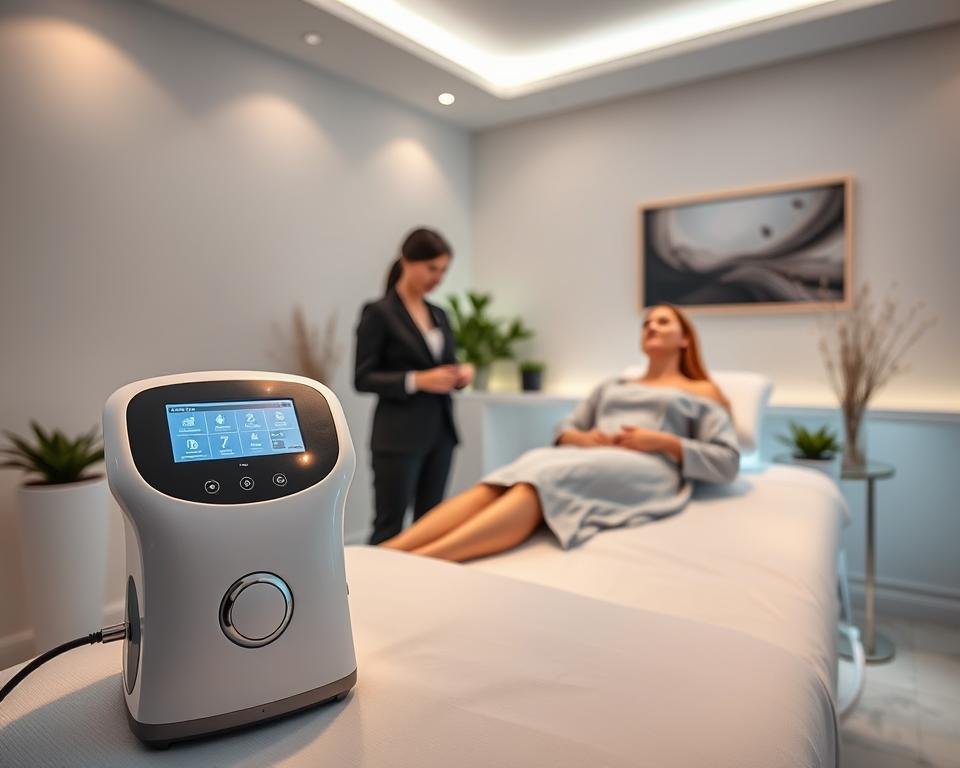 A sleek, modern treatment room at Capri Med Spa, featuring the T-Shape 2 Treatment device prominently displayed in the foreground. The device is sleek and high-tech, showcasing its ergonomic design and intuitive interface. In the middle ground, a professional practitioner in modest business attire is demonstrating the treatment on a client, who is comfortably seated and dressed in a spa gown, reflecting trust and relaxation. Soft, ambient lighting bathes the room, creating a calming atmosphere, while clean, neutral-colored walls enhance the space's professionalism. The background includes serene decor elements, such as plants and calming artwork, adding to the tranquility. The lens captures a slight angle to emphasize the interaction between the practitioner and client, encapsulating the essence of innovative body sculpting and contouring treatments in a serene setting. A sleek, modern treatment room at Capri Med Spa, featuring the T-Shape 2 Treatment device prominently displayed in the foreground. The device is sleek and high-tech, showcasing its ergonomic design and intuitive interface. In the middle ground, a professional practitioner in modest business attire is demonstrating the treatment on a client, who is comfortably seated and dressed in a spa gown, reflecting trust and relaxation. Soft, ambient lighting bathes the room, creating a calming atmosphere, while clean, neutral-colored walls enhance the space's professionalism. The background includes serene decor elements, such as plants and calming artwork, adding to the tranquility. The lens captures a slight angle to emphasize the interaction between the practitioner and client, encapsulating the essence of innovative body sculpting and contouring treatments in a serene setting.