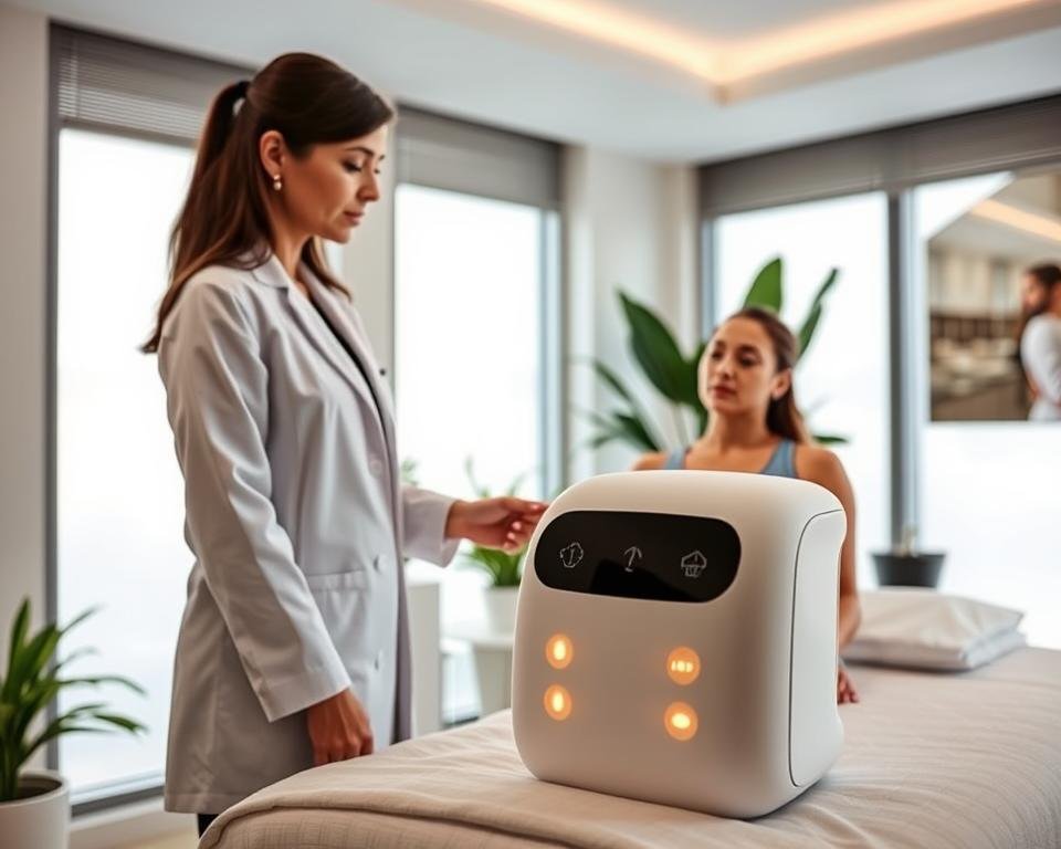 A sleek, modern treatment room at Capri Med Spa, featuring the T-Shape 2 body sculpting device. In the foreground, a professional female practitioner wearing a white lab coat and modest casual attire is demonstrating the device on a client. The client, dressed in comfortable workout wear, appears relaxed and engaged. In the middle ground, the T-Shape 2 device is prominently displayed, showcasing its advanced technology with glowing indicators. The background is softly lit with natural light filtering through large windows, creating a calming atmosphere with plants and aesthetic decor. The mood is tranquil and professional, emphasizing wellness and cutting-edge beauty treatments. The image is shot from a slightly elevated angle to capture both the practitioner and the device clearly, highlighting the innovative approach to body contouring.