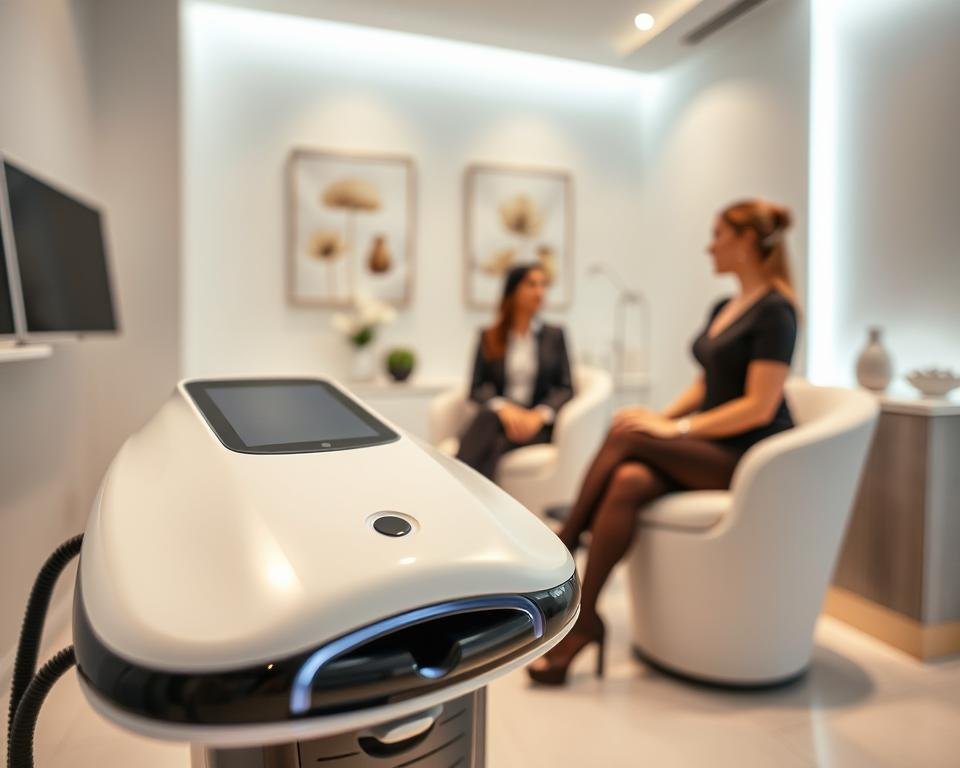 A sleek, modern treatment room at Capri Med Spa showcasing the T-Shape 2 technology for body sculpting. In the foreground, highlight the innovative T-Shape 2 device with its sleek lines and advanced design features. In the middle ground, depict a confident individual in professional attire, comfortably seated and engaged in a consultation with a spa technician, who is demonstrating the device's capabilities. The background should display soft, ambient lighting that creates a calming atmosphere with elegantly designed decor, such as minimalist artwork and soothing colors. Capture the scene from a slightly elevated angle, emphasizing the interaction between the technician and the client, conveying a sense of professionalism and trust in advanced body treatment technology.