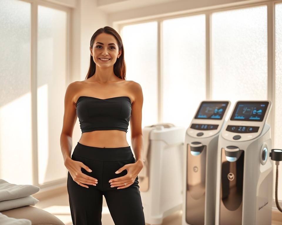 A bright, serene spa treatment room showcasing the results of the T-Shape 2 body contouring treatment at Capri Med Spa. In the foreground, a satisfied client in professional, modest attire stands confidently, her body visibly sculpted and toned, radiating a sense of wellness and rejuvenation. The middle layer features advanced T-Shape 2 equipment, sleek and modern, with digital displays indicating settings and treatment modes. In the background, soft, natural light filters through frosted glass windows, casting a warm glow that enhances the peaceful atmosphere of the room. The overall mood conveys tranquility and empowerment, highlighting the innovative technology and personalized care of Capri Med Spa. A bright, serene spa treatment room showcasing the results of the T-Shape 2 body contouring treatment at Capri Med Spa. In the foreground, a satisfied client in professional, modest attire stands confidently, her body visibly sculpted and toned, radiating a sense of wellness and rejuvenation. The middle layer features advanced T-Shape 2 equipment, sleek and modern, with digital displays indicating settings and treatment modes. In the background, soft, natural light filters through frosted glass windows, casting a warm glow that enhances the peaceful atmosphere of the room. The overall mood conveys tranquility and empowerment, highlighting the innovative technology and personalized care of Capri Med Spa.