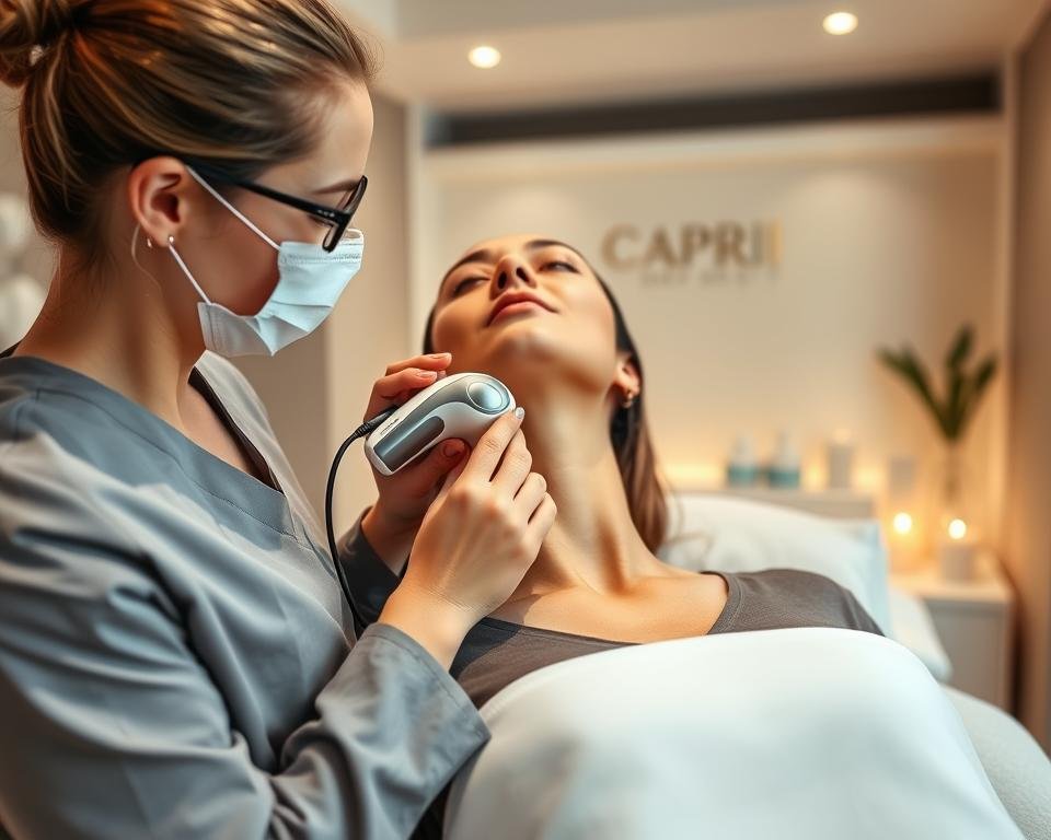 A clean, modern treatment room at Capri Med Spa, showcasing the T-Shape 2 neck treatment procedure. In the foreground, a professional practitioner dressed in medical scrubs is gently applying the T-Shape 2 device on a client's neck, who is relaxed and wearing modest, professional attire. The middle layer features the sleek and high-tech T-Shape 2 device with its advanced contours. In the background, the spa's soothing ambiance is illuminated by soft, ambient lighting, creating a tranquil atmosphere. Use a soft focus lens to emphasize the treatment process and capture the serene mood of the setting, enhancing the feelings of rejuvenation and care associated with neck sculpting and contouring. A clean, modern treatment room at Capri Med Spa, showcasing the T-Shape 2 neck treatment procedure. In the foreground, a professional practitioner dressed in medical scrubs is gently applying the T-Shape 2 device on a client's neck, who is relaxed and wearing modest, professional attire. The middle layer features the sleek and high-tech T-Shape 2 device with its advanced contours. In the background, the spa's soothing ambiance is illuminated by soft, ambient lighting, creating a tranquil atmosphere. Use a soft focus lens to emphasize the treatment process and capture the serene mood of the setting, enhancing the feelings of rejuvenation and care associated with neck sculpting and contouring.