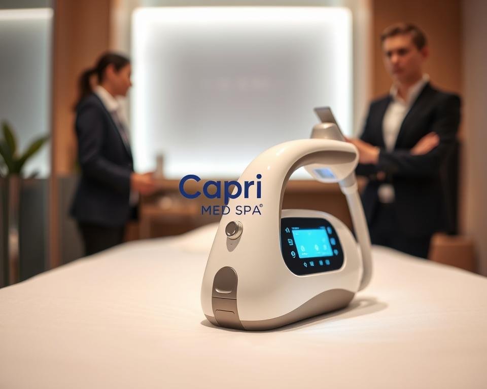 A close-up view of the T-Shape 2 technology device designed for body contouring, prominently showcasing its sleek and modern design. The device should be placed on a stylish treatment bed in a professional spa setting, surrounded by soft, ambient lighting that enhances the serene atmosphere. In the background, blurred silhouettes of professional staff in smart business attire can be glimpsed, emphasizing the clinical environment. The focus is on the T-Shape 2, displaying its various parts and settings in detail, at an angle that allows viewers to appreciate its ergonomic shape and functionality. The scene evokes a sense of calm and advanced technology, suited for innovative body and face contouring, with an unobtrusive logo of "Capri Med Spa" placed subtly within the composition.