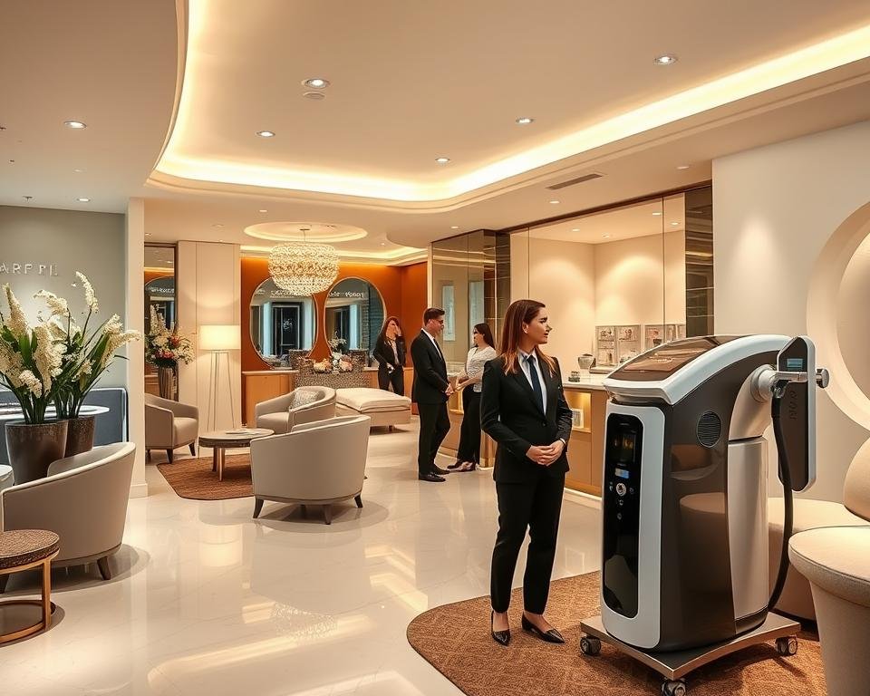 A luxurious and inviting interior scene of Capri Med Spa, showcasing a modern cosmetic clinic in Granada Hills. In the foreground, a welcoming reception area with elegant decor, featuring soft lighting and soothing colors, complemented by stylish furniture. In the middle ground, professional staff members dressed in smart business attire, engaging with clients, creating a friendly and reassuring atmosphere. The background features high-end treatment rooms with state-of-the-art equipment, including a T-Shape 2 device prominently displayed, reflecting advanced body and face sculpting technology. The overall mood is serene and upscale, with warm lighting that enhances the feeling of comfort and professionalism in a top cosmetic clinic setting.