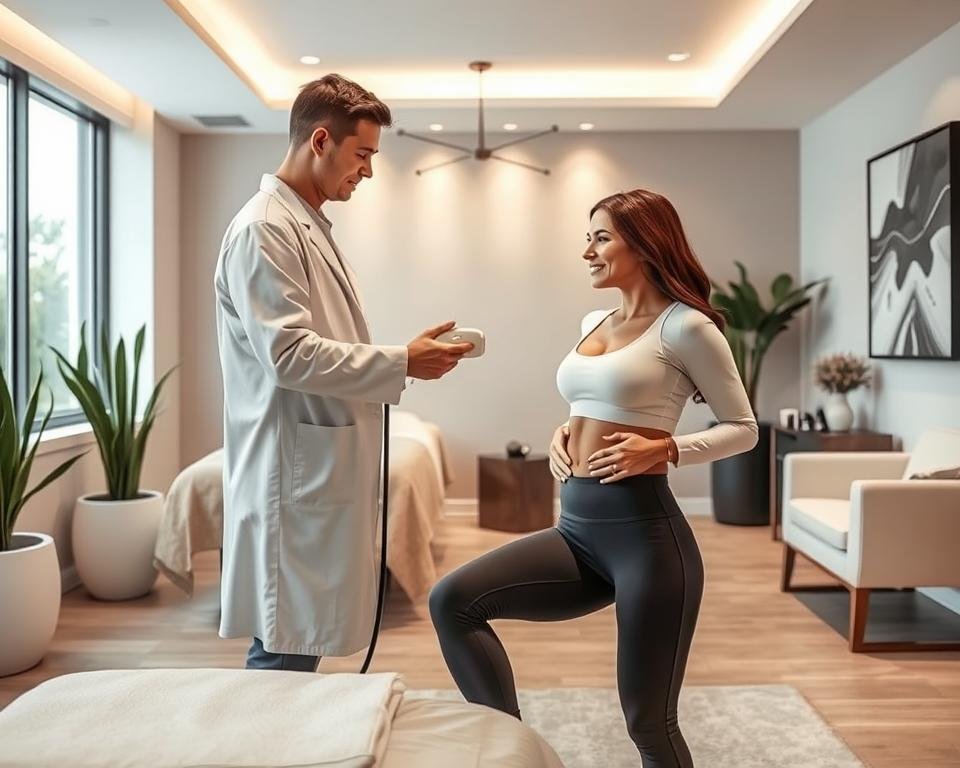 A modern and inviting scene showcasing non-invasive body sculpting at Capri Med Spa in Canoga Park. In the foreground, a professional practitioner in a crisp white lab coat using a T-Shape 2 device on a client, who is comfortably clothed in modest activewear. The middle ground features sleek, stylish treatment rooms with soothing neutral tones, accented by soft lighting that creates a calm atmosphere. A large window lets in natural light, enhancing the serene environment. In the background, elegant decor, including potted plants and aesthetic artwork, contributes to a sense of wellness. The overall mood is tranquil and rejuvenating, emphasizing the transformative power of body sculpting services.