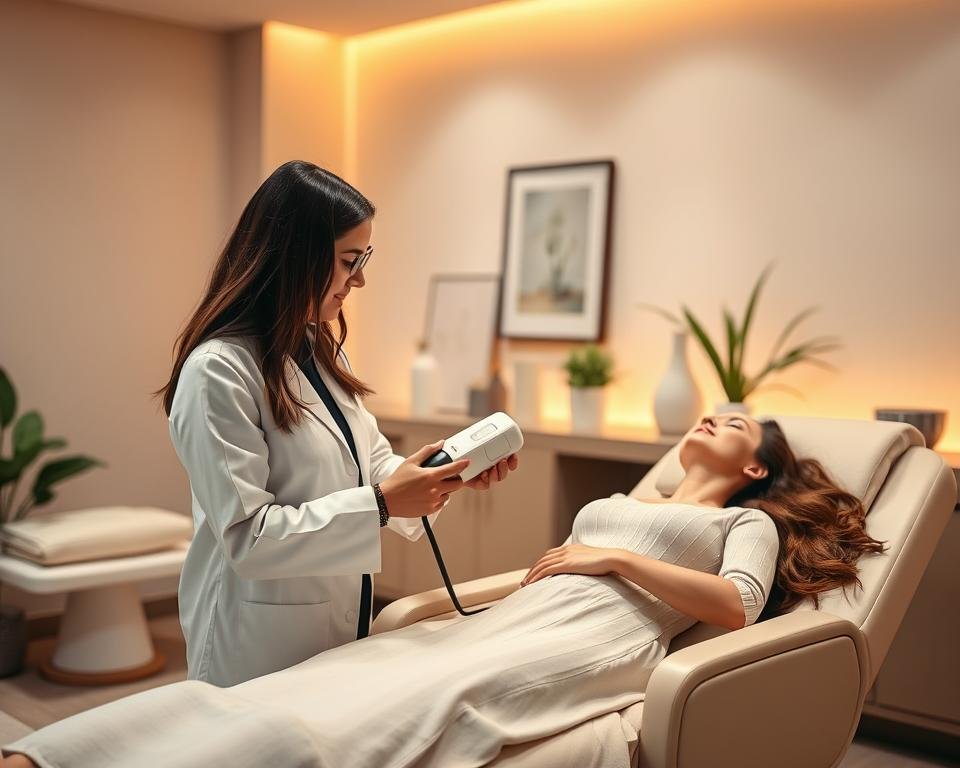 A modern and serene spa setting showcasing non-invasive body sculpting. In the foreground, a professional therapist in a crisp white lab coat gently operates a T-Shape 2 device on a client, who is comfortably seated in a chic treatment chair, both clad in modest, professional attire. The therapist is focused and attentive, ensuring a welcoming atmosphere. In the middle ground, soft spa decorations, including calming green plants and minimalist art, enhance the ambiance. The background features warm, diffused ambient lighting, creating a soothing environment that evokes relaxation and rejuvenation. The overall mood is tranquil and positive, reflecting the ethos of Capri Med Spa, inviting viewers into the experience of body and face sculpting.