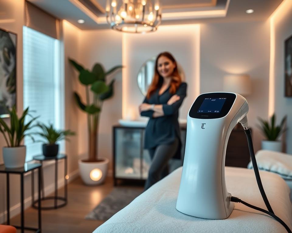 A modern and serene treatment room inside Capri Med Spa, showcasing the advanced T-Shape 2 Treatment technology. In the foreground, a sleek, high-tech body contouring device with smooth lines and an ergonomic design is prominently displayed. In the middle ground, a professional therapist in modest, professional attire prepares for a session, demonstrating a friendly and inviting demeanor. The background features a calming spa environment with soft, ambient lighting, potted plants, and elegant decor that conveys tranquility. The overall mood is one of professionalism and comfort, aiming to illustrate cutting-edge body sculpting technology in a peaceful setting. The image should be well-lit, taken from a slightly elevated angle to encompass the whole scene, avoiding any text or labels. A modern and serene treatment room inside Capri Med Spa, showcasing the advanced T-Shape 2 Treatment technology. In the foreground, a sleek, high-tech body contouring device with smooth lines and an ergonomic design is prominently displayed. In the middle ground, a professional therapist in modest, professional attire prepares for a session, demonstrating a friendly and inviting demeanor. The background features a calming spa environment with soft, ambient lighting, potted plants, and elegant decor that conveys tranquility. The overall mood is one of professionalism and comfort, aiming to illustrate cutting-edge body sculpting technology in a peaceful setting. The image should be well-lit, taken from a slightly elevated angle to encompass the whole scene, avoiding any text or labels.