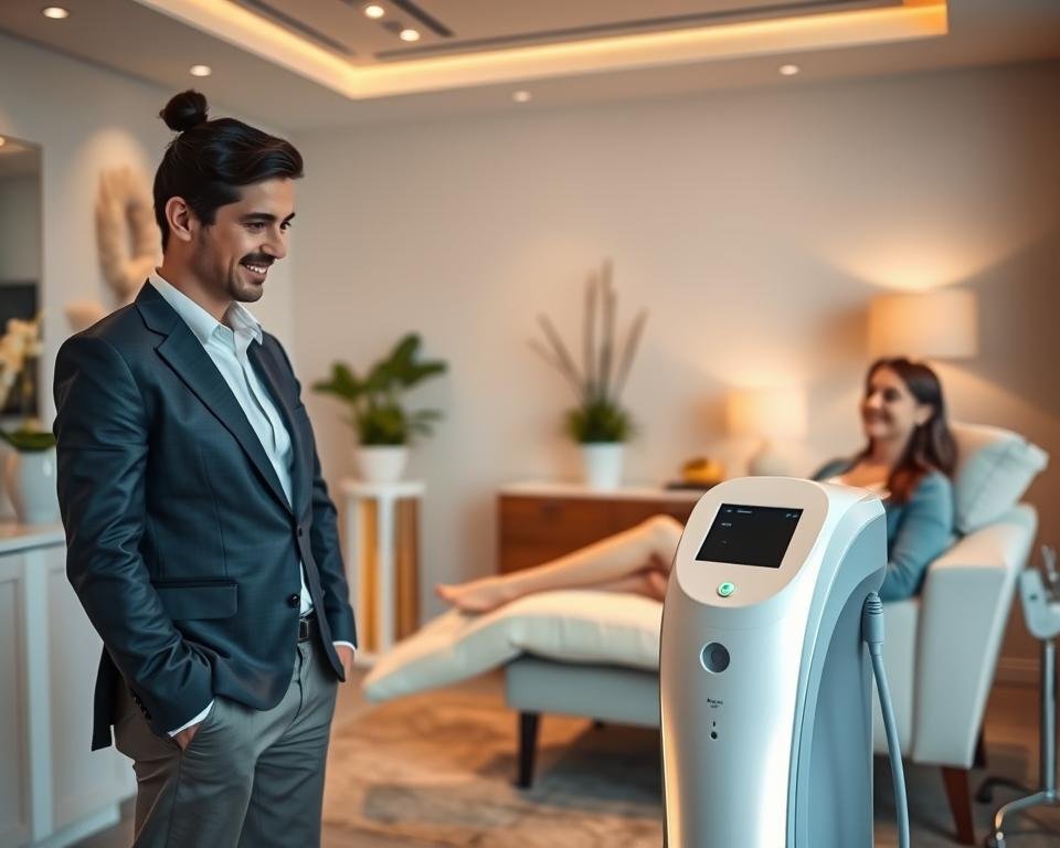 A modern, inviting interior of Capri Med Spa in Studio City, showcasing trained body contouring specialists at work. In the foreground, a friendly specialist, dressed in professional business attire, explains the T-Shape 2 body contouring technology to a satisfied client seated comfortably in an elegant treatment room. In the middle ground, the sleek T-Shape 2 device is prominently displayed, with soft lighting creating an atmosphere of tranquility and professionalism. The background features calming décor and nature-inspired elements, enhancing the feeling of relaxation. Use warm, natural lighting to emphasize the welcoming environment and maintain a clean, polished aesthetic. The image should reflect a sense of trust and expertise in body sculpting practices at Capri Med Spa. A modern, inviting interior of Capri Med Spa in Studio City, showcasing trained body contouring specialists at work. In the foreground, a friendly specialist, dressed in professional business attire, explains the T-Shape 2 body contouring technology to a satisfied client seated comfortably in an elegant treatment room. In the middle ground, the sleek T-Shape 2 device is prominently displayed, with soft lighting creating an atmosphere of tranquility and professionalism. The background features calming décor and nature-inspired elements, enhancing the feeling of relaxation. Use warm, natural lighting to emphasize the welcoming environment and maintain a clean, polished aesthetic. The image should reflect a sense of trust and expertise in body sculpting practices at Capri Med Spa.