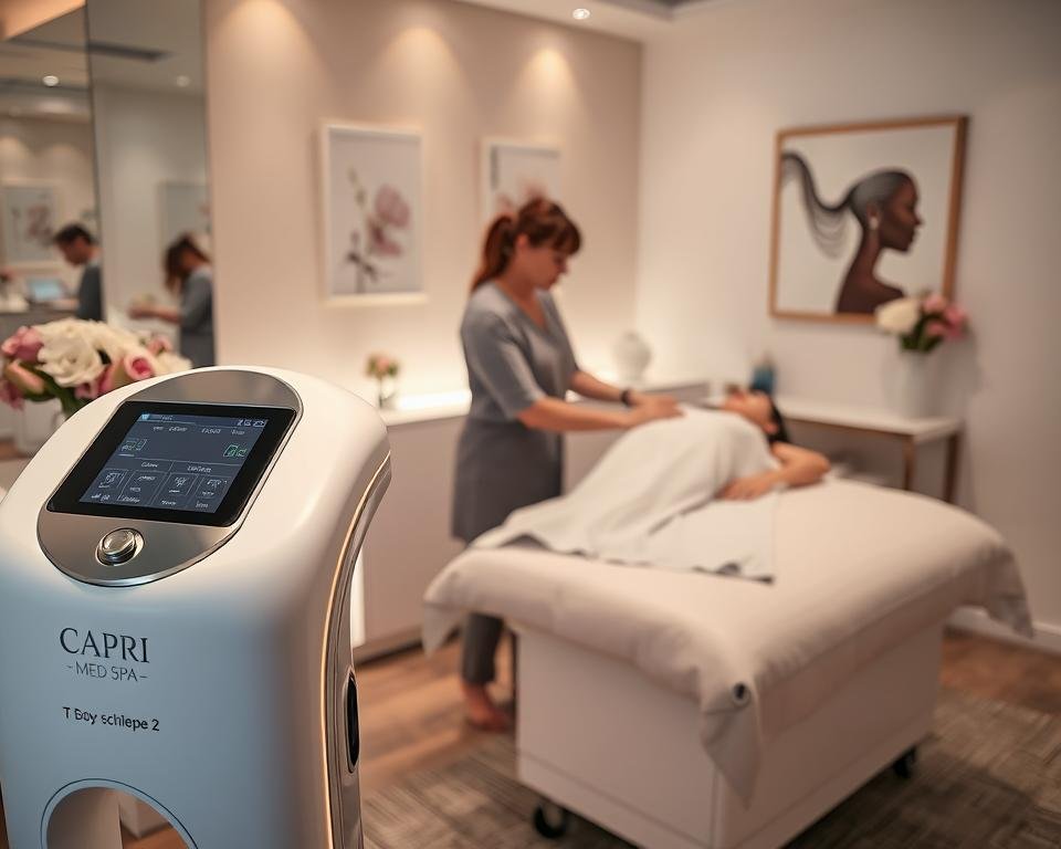 A modern, serene spa treatment room at Capri Med Spa, showcasing the T-Shape 2 body sculpting device prominently in the foreground. The T-Shape 2 machine is sleek and sophisticated, with digital displays and a polished chrome finish, surrounded by soft, ambient lighting that casts a calming glow. In the middle ground, an experienced, professional practitioner in modest, professional attire is gently demonstrating the treatment on a client, who is comfortably lying on a treatment bed, draped appropriately. The background features elements of luxury, such as fresh flowers, calming artwork, and soft, muted colors, creating a tranquil atmosphere. The angle captures both the device and the practitioner’s interaction, emphasizing a sense of trust and professionalism. No text or branding elements are included in the image.