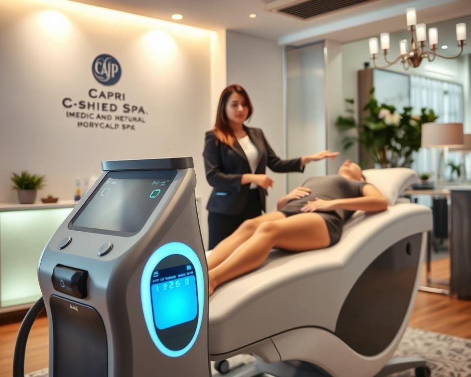 A modern, sleek T-Shape 2 body sculpting machine sits prominently in a well-lit medical spa environment, showcasing its advanced technology. The foreground features the T-Shape 2 device with its ergonomic design, highlighting its controls and display. In the middle ground, a professional female aesthetician, dressed in a smart business outfit, confidently demonstrates the treatment on a patient who is comfortably attired in modest clothing, emphasizing a safe and professional atmosphere. The background reveals the calming interior of Capri Med Spa, with soft lighting and elegant decor, creating a serene ambiance. The scene is captured with a slight upward angle to emphasize the device's modernity, while natural light filters in, enhancing the sophisticated yet inviting mood of the space.
