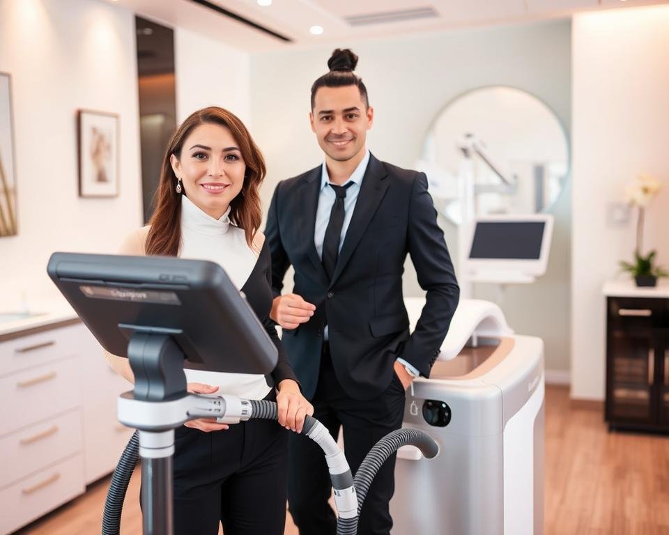 A professional body contouring specialist at Capri Med Spa in Altadena, dressed in a smart, professional outfit, standing confidently in a modern clinic environment. In the foreground, the specialist interacts with a high-tech T-Shape 2 machine, showcasing the advanced technology used for body sculpting. The middle ground includes a sleek treatment area with medical decor, emphasizing cleanliness and professionalism. The background features soothing pastel colors and soft lighting that evoke a calm and welcoming atmosphere. The image is taken from a slight angle to highlight the specialist's engagement with the equipment, creating a sense of action. Soft, natural light enhances the inviting feel, ideal for showcasing the essence of body and face sculpting services.