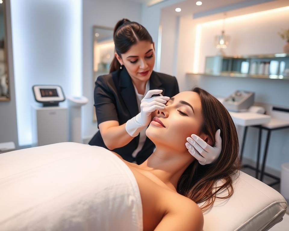 A professional medspa setting showcasing expert face contouring treatments at Capri Med Spa in Encino. In the foreground, a skilled aesthetician in professional attire gently applies contouring products to a client's face, highlighting precision and artistry. The middle ground features a sleek treatment table with various contouring tools and products neatly arranged. The background includes soft, ambient lighting that creates a calming atmosphere, with elegant decor and medical-grade equipment visible. The angle captures the interaction between the aesthetician and client, conveying trust and professionalism. The overall mood is serene and sophisticated, reflecting the quality of body and face sculpting treatments offered in Encino.
