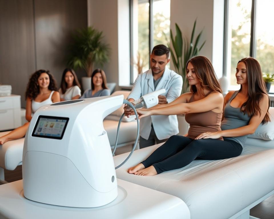 A professional, serene clinic setting featuring a sleek, modern treatment room with the T-Shape 2 device prominently displayed. In the foreground, a diverse group of clients, dressed in modest casual clothing, sits comfortably on treatment beds, appearing relaxed and optimistic about their body and face sculpting experience. In the middle ground, a licensed practitioner in professional attire demonstrates the T-Shape 2 machine on a client’s upper arm, showcasing the precise application of the technology. The background exhibits soft natural lighting filtering through large windows, creating a warm and inviting atmosphere. Decorative elements include plants and minimalist decor, emphasizing a focus on wellness and rejuvenation. The image conveys a sense of empowerment and positivity associated with body contouring at Capri Med Spa.