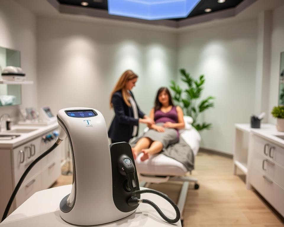 A professional, well-lit spa environment showcasing the T-Shape 2 Treatment at Capri Med Spa. In the foreground, a sleek treatment device is prominently displayed, surrounded by a clean, organized workstation equipped with tools used for body sculpting and contouring. In the middle ground, a practitioner in professional attire demonstrates the treatment on a modestly dressed client, who appears relaxed and comfortable on a treatment table. The background features calming colors, such as soft greens and whites, and plants that enhance the tranquil atmosphere. The lighting is bright but soft, with a focus on creating a welcoming and serene environment. The angle captures the interaction between the practitioner and client while highlighting the treatment’s equipment, conveying a sense of professionalism and care.