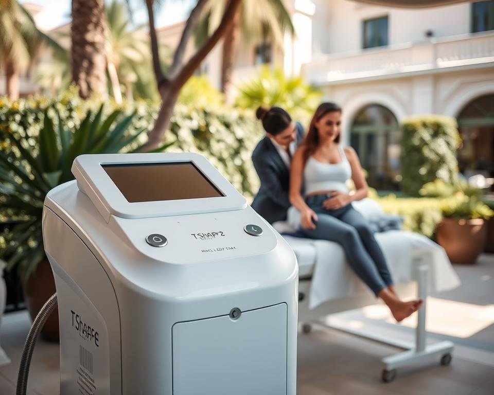 A serene Beverly Hills spa setting with a focus on body and face sculpting technology. In the foreground, a sleek and modern T-Shape 2 machine from Capri Med Spa, showcasing its advanced features. In the middle ground, a skilled practitioner in professional attire is attending to a client, demonstrating the sculpting process. The client, dressed in modest, casual clothing, appears relaxed and comfortable. In the background, lush greenery and elegant architecture typical of Beverly Hills create an upscale ambiance. Soft, natural lighting bathes the scene, casting gentle shadows for a tranquil atmosphere. The lens captures the moment from a slightly elevated angle, emphasizing the innovative technology and the artistry of body sculpting in this luxurious setting.