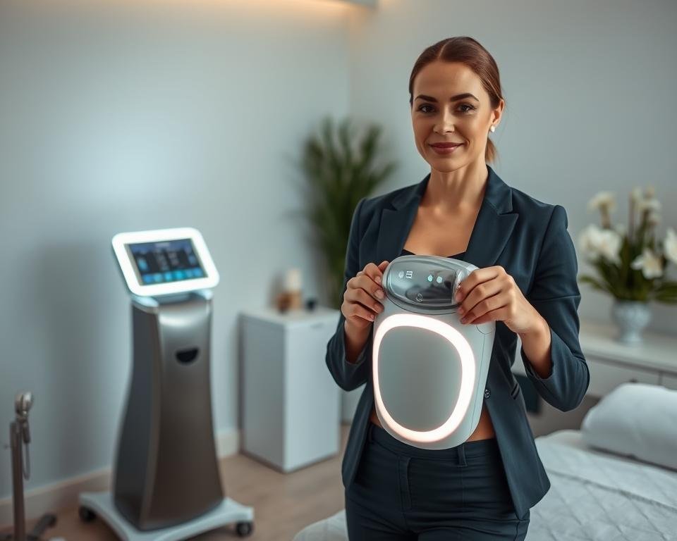 A serene and inviting atmosphere at Capri Med Spa, showcasing a modern treatment room for non-invasive body and face contouring. In the foreground, a professional female practitioner in smart business attire is demonstrating a body contouring device, highlighting the advanced technology and elegant design. The mid-ground features a sleek, state-of-the-art T-Shape 2 machine, emitting a soft glow, emphasizing its role in sculpting and toning. In the background, calming decor with soft lighting and soothing colors creates a tranquil environment, evoking a sense of relaxation. The scene captures an air of professionalism and care, beautifully illustrating the concept of body and face sculpting at Capri Med Spa.