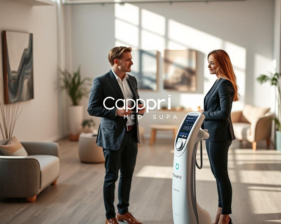 A serene and inviting body sculpting studio in Winnetka, featuring a modern aesthetic with soft, neutral tones. In the foreground, a professional consultant is discussing body and face sculpting services with a client, both dressed in smart casual attire, exuding confidence and professionalism. In the middle ground, the T-Shape 2 device is prominently displayed, showcasing its sleek design, ready for demonstration. The background includes soothing artwork and comfortable seating, enhancing the tranquil atmosphere. Soft, natural lighting filters through large windows, casting gentle shadows and creating an inviting feel. The overall mood is calm and welcoming, embodying the essence of wellness and rejuvenation. The brand name "Capri Med Spa" is subtly integrated into the studio's decor, emphasizing their expertise in body and face sculpting.