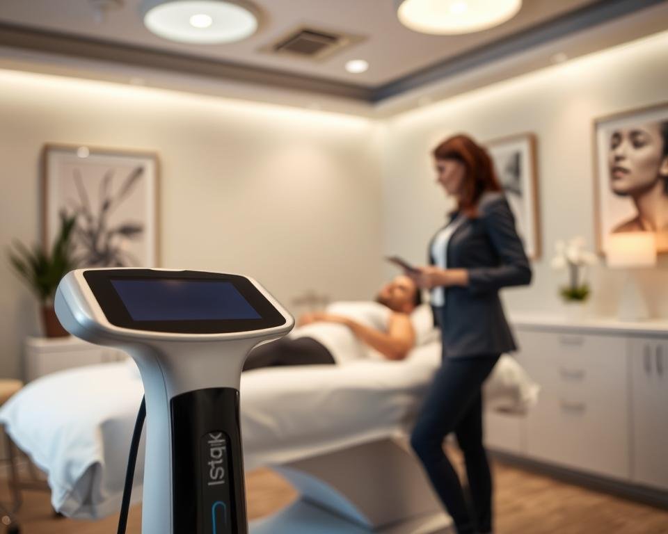 A serene and inviting clinic room showcasing non-invasive body contouring treatments. In the foreground, a sleek, state-of-the-art device, the T-Shape 2, is prominently displayed, highlighting its modern design. In the middle ground, a qualified practitioner in professional attire is interacting with a patient, who is comfortably relaxing on a treatment bed, both appearing calm and engaged in the consultation. The background features soft, ambient lighting emanating from discreet ceiling fixtures, and calming pastel-colored walls adorned with minimalistic artwork. The atmosphere exudes professionalism and tranquility, emphasizing the innovative and safe nature of body and face sculpting at Capri Med Spa. The image captures the essence of aesthetic care, ensuring a warm and welcoming environment for prospective clients.