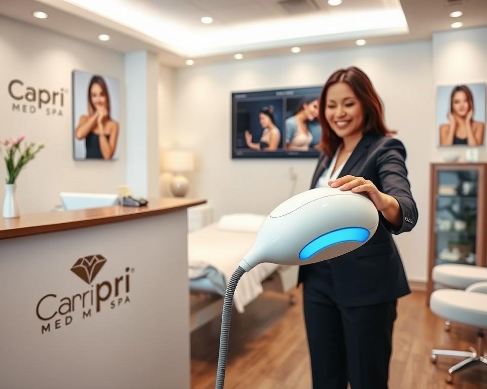 A serene and inviting interior of a body contouring clinic, featuring the Capri Med Spa logo prominently on the reception desk. In the foreground, a professional technician in smart business attire is demonstrating a T-Shape 2 body contouring device on a fully clothed client, focusing on the friendly interaction. The middle ground showcases a clean, modern treatment room with sleek design elements, soft lighting, and calming colors. In the background, a wall display highlights before-and-after visuals of successful body and face sculpting treatments. The atmosphere is tranquil and professional, encouraging a sense of relaxation and wellness, captured from a dynamic angle to emphasize the equipment and the practitioner’s expertise. A serene and inviting interior of a body contouring clinic, featuring the Capri Med Spa logo prominently on the reception desk. In the foreground, a professional technician in smart business attire is demonstrating a T-Shape 2 body contouring device on a fully clothed client, focusing on the friendly interaction. The middle ground showcases a clean, modern treatment room with sleek design elements, soft lighting, and calming colors. In the background, a wall display highlights before-and-after visuals of successful body and face sculpting treatments. The atmosphere is tranquil and professional, encouraging a sense of relaxation and wellness, captured from a dynamic angle to emphasize the equipment and the practitioner’s expertise.
