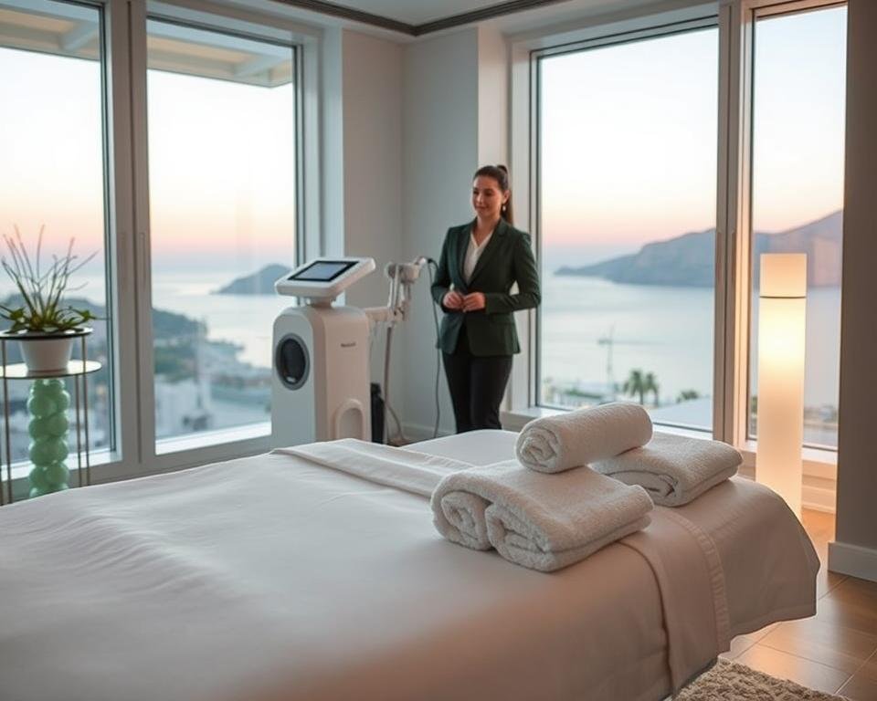 A serene and inviting interior scene at Capri Med Spa, showcasing a modern treatment room specifically designed for the T-Shape 2 treatment. In the foreground, a sleek treatment bed with crisp, white linens is adorned with plush towels, hinting at relaxation. In the middle ground, a well-groomed therapist in a professional business attire prepares T-Shape 2 equipment, exuding confidence and expertise. Soft, glowing ambient lighting creates a soothing atmosphere, while large windows in the background reveal a picturesque view of Capri's coastal landscape. A calming color palette of soft blues and greens enhances the tranquility of the space, inviting patients to embark on their body sculpting journey with Capri Med Spa. The overall mood is professional yet calming, emphasizing wellness and transformation.