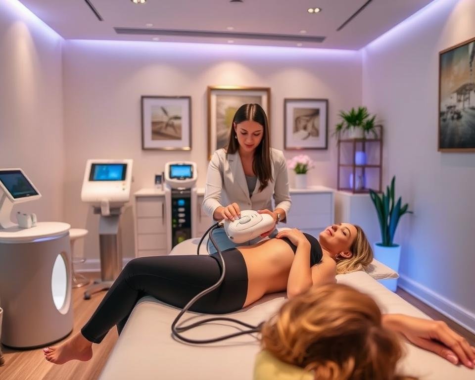 A serene and inviting medical spa environment featuring the T-Shape 2 body sculpting device from Capri Med Spa. In the foreground, a professional therapist in smart casual attire is demonstrating the device on a client lying comfortably on a treatment table, ensuring a secure and non-invasive atmosphere. The middle section includes sleek, modern equipment and soothing décor, highlighting the spa's commitment to comfort and care. In the background, soft, warm lighting creates a tranquil ambiance, with tasteful artwork and plants enhancing the serene vibe. The scene conveys professionalism, health, and wellness, emphasizing the innovative technology of body and face sculpting. The image is shot at eye-level to engage viewers, focusing on the interaction between therapist and client, evoking a sense of trust and transformation.