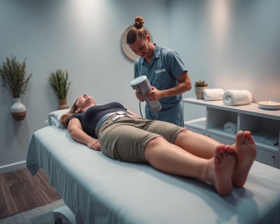 A serene and inviting treatment room at Capri Med Spa, showcasing the T-Shape 2 Treatment in action. In the foreground, a patient comfortably lies on a treatment table, dressed in modest casual attire. A skilled practitioner, wearing professional medical attire, operates a sophisticated body sculpting device, demonstrating focused attention. In the middle of the scene, the T-Shape 2 device is prominently displayed, emphasizing its sleek design and advanced technology. Soft, ambient lighting creates a calming atmosphere, while a soothing color palette of blues and whites enhances the serene environment. In the background, gentle herbal-themed decor and soft towels suggest a spa-like feel, infusing the image with a sense of relaxation and wellness. The overall mood exudes professionalism and comfort, making it clear this is a top-tier aesthetic treatment. A serene and inviting treatment room at Capri Med Spa, showcasing the T-Shape 2 Treatment in action. In the foreground, a patient comfortably lies on a treatment table, dressed in modest casual attire. A skilled practitioner, wearing professional medical attire, operates a sophisticated body sculpting device, demonstrating focused attention. In the middle of the scene, the T-Shape 2 device is prominently displayed, emphasizing its sleek design and advanced technology. Soft, ambient lighting creates a calming atmosphere, while a soothing color palette of blues and whites enhances the serene environment. In the background, gentle herbal-themed decor and soft towels suggest a spa-like feel, infusing the image with a sense of relaxation and wellness. The overall mood exudes professionalism and comfort, making it clear this is a top-tier aesthetic treatment.