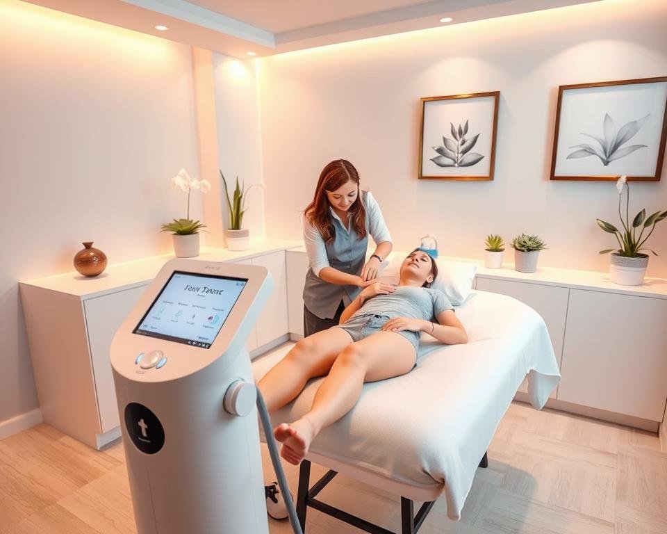 A serene and modern aesthetic treatment room at Capri Med Spa in Mission Hills, featuring advanced body and face sculpting equipment, including the T-Shape 2 machine prominently displayed in the foreground. The scene captures a skilled practitioner, dressed in professional attire, demonstrating a non-invasive sculpting technique on a relaxed client, who is comfortably seated and wearing modest casual clothing. Soft, warm lighting envelops the room, highlighting the sleek surfaces and calming color palette of blues and whites. In the background, subtle decorations like potted plants and framed wellness artwork enhance the atmosphere, fostering a sense of tranquility and professionalism. The camera angle is slightly tilted from above, aiming to showcase both the treatment process and the sophisticated environment. The overall mood conveys a sense of relaxation, health, and rejuvenation, ideal for illustrating the introduction to body and face sculpting.