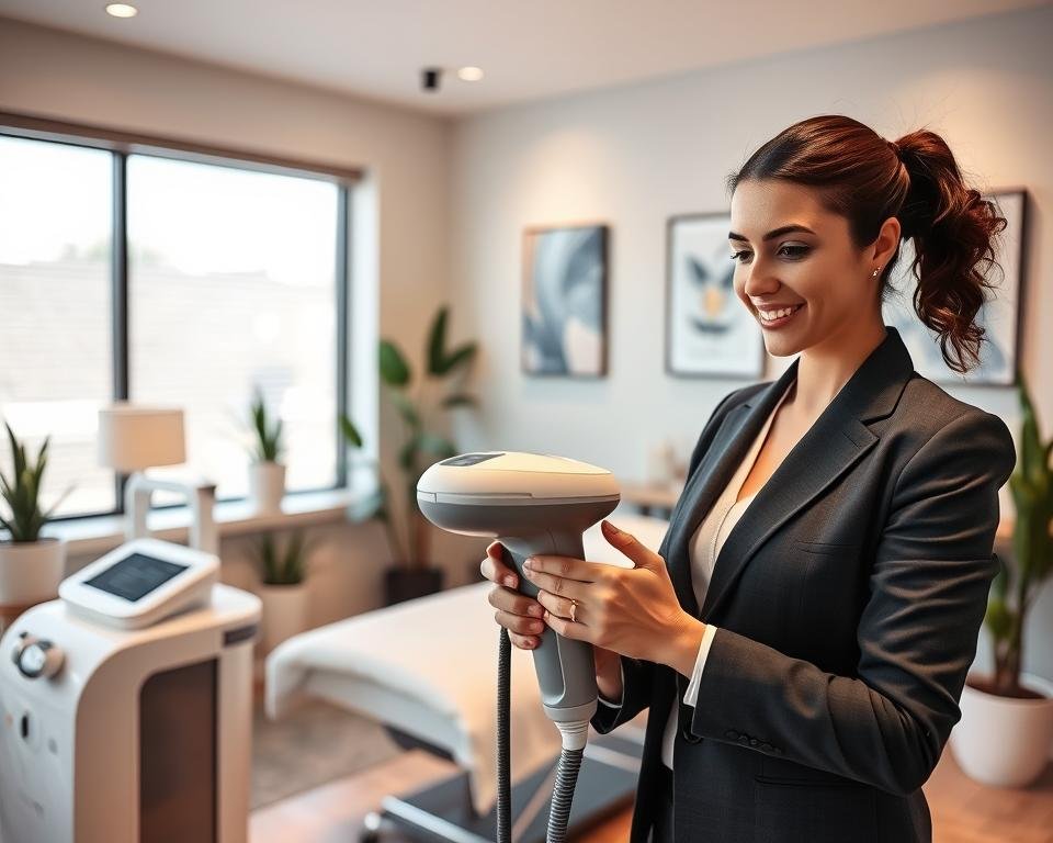 A serene and modern body contouring clinic interior, featuring the warm and inviting atmosphere of Capri Med Spa in Arleta. In the foreground, a professional and friendly licensed practitioner, dressed in smart business attire, is preparing a state-of-the-art T-Shape 2 device for a client consultation. The middle ground showcases a comfortable treatment area with soft lighting, neatly arranged medical equipment, and relaxing decor elements like plants and calming artwork on the walls. In the background, large windows let in natural light, creating a bright and uplifting ambiance. The overall mood is one of rejuvenation and wellness, emphasizing the benefits of body sculpting and contouring in a tranquil environment. Carefully composed with a slightly angled perspective to capture both the clinician and the inviting treatment space.