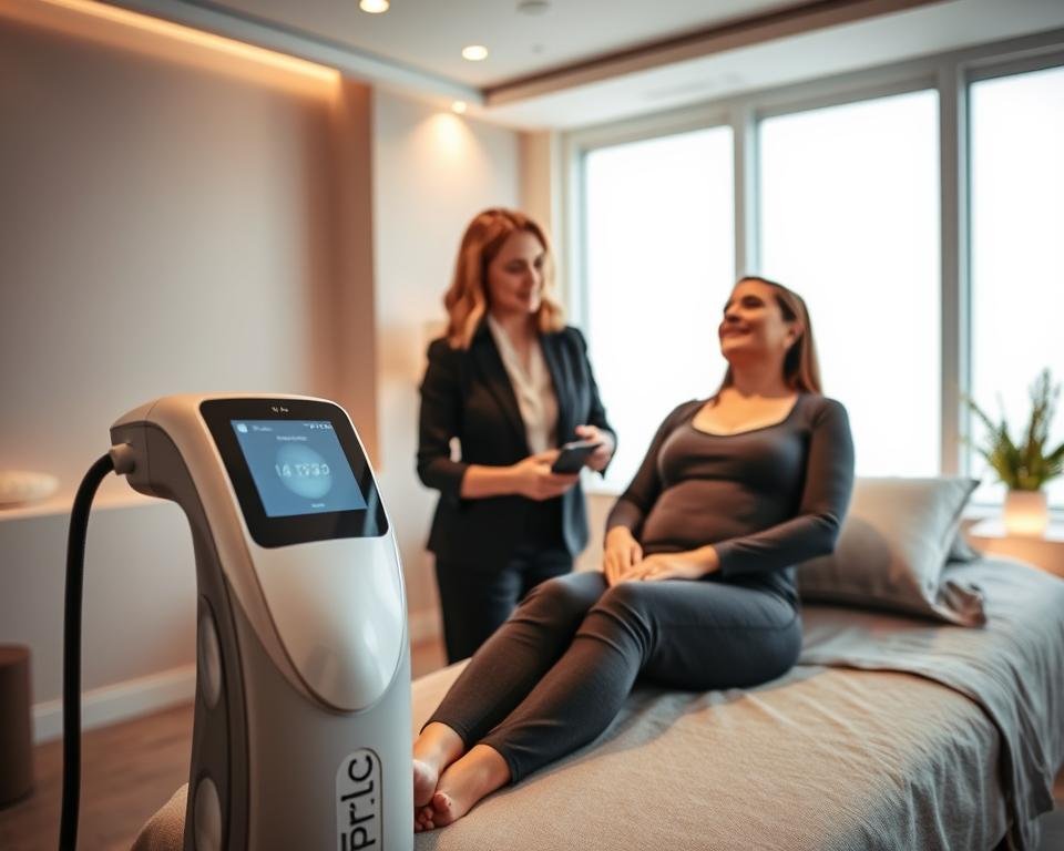 A serene and modern body sculpting treatment room at Capri Med Spa, featuring a T-Shape 2 device prominently in the foreground, its sleek design highlighting advanced technology. In the middle ground, a professional clinician in business attire is demonstrating the treatment process to a client, who is comfortably seated and engaged in the procedure, displaying a look of relaxation and trust. The background should depict calming, neutral-toned walls with soft ambient lighting, large windows allowing natural light to filter in, and minimalistic decor that enhances the soothing atmosphere. The mood should convey wellness and professionalism, emphasizing the quality of care in body and face sculpting treatments.