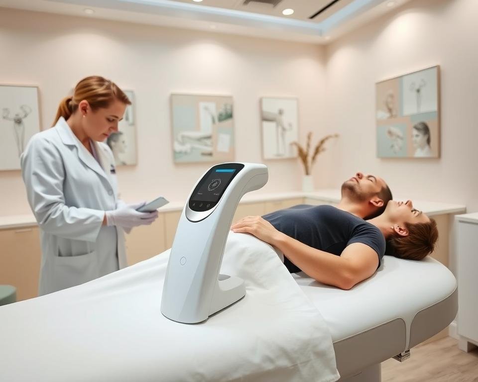 A serene and modern clinic interior showcasing a non-invasive body contouring procedure executed with the T-Shape 2 device from Capri Med Spa. In the foreground, a professional practitioner in a crisp white lab coat and gloves attentively monitors a male client reclined comfortably on a treatment bed, wearing modest attire. Soft, diffused lighting illuminates the scene, suggesting a calming atmosphere. In the middle, the sleek T-Shape 2 device is prominently displayed, its design emphasizing advanced technology and professionalism. The background features pastel-colored walls adorned with subtle health-related art, creating an inviting environment. The overall mood is one of relaxation and confidence in aesthetic enhancement, embodying the essence of body and face sculpting.
