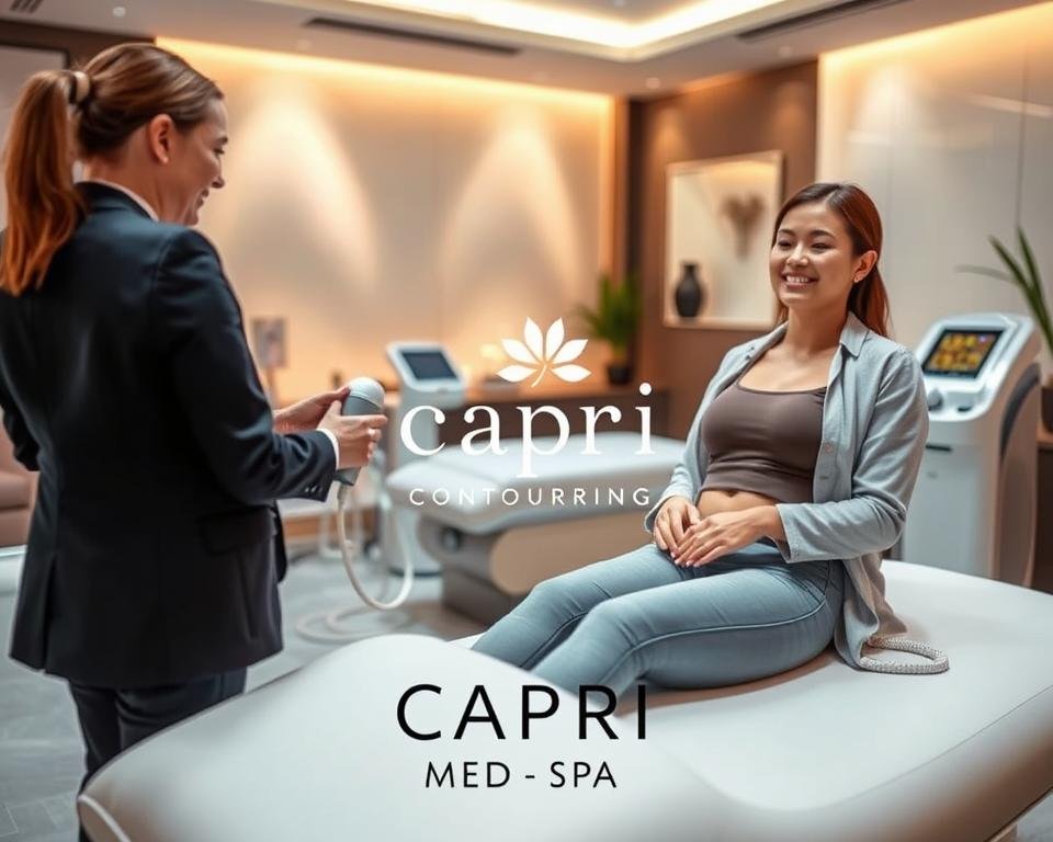 A serene and modern medical spa interior showcasing personalized body contouring treatments. In the foreground, a professional clinician in smart business attire, demonstrating the T-Shape 2 device on a client, who is dressed in modest casual clothing, smiling and looking relaxed. The middle ground features a sleek treatment table and advanced contouring equipment, emphasizing the spa's professionalism. The background reveals calming, soft lighting with serene colors, and elegant decor, conveying a sense of tranquility and expertise. The atmosphere is inviting and warm, inspiring confidence in the viewer. Incorporate the brand logo "Capri Med Spa" subtly within the setting. Use a shallow depth of field for focus on the clinicians and clients while softly blurring the background.
