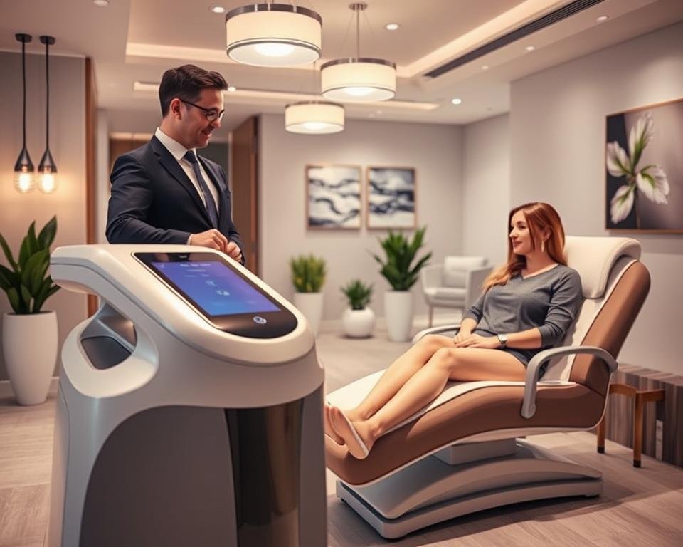 A serene and modern spa environment at Capri Med Spa, showcasing body contouring treatments. In the foreground, an elegantly designed treatment room with a sleek, state-of-the-art T-Shape 2 machine, emphasizing the innovation in body sculpting technology. Positioned to the side, a well-groomed professional in smart business attire attentively explains the procedure to a client, who is comfortably seated on a stylish treatment chair, wearing modest casual clothing. The middle ground features calming decor—soft lighting emanating from pendant fixtures, potted plants, and tranquil artwork that enhances the spa's relaxing ambiance. In the background, softly blurred, hints of additional treatment rooms can be seen, suggesting a comprehensive range of services. The atmosphere is inviting and reassuring, perfect for clients exploring body and face sculpting options.