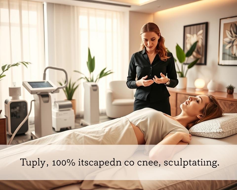 A serene and modern spa environment showcases advanced body sculpting techniques. In the foreground, a skilled aesthetician in professional attire demonstrates T-Shape 2 technology, focusing on a patient comfortably reclined. The patient appears relaxed, draped modestly, with an air of professionalism. In the middle ground, high-tech equipment and sleek treatment tools highlight the cutting-edge nature of the spa, emphasizing Capri Med Spa's commitment to innovation. Soft, natural lighting illuminates the space, creating a calming atmosphere with warm tones. The background features elegant décor, including soothing plants and stylish art, enhancing the ambiance. The overall mood conveys trust and expertise in body and face sculpting, perfectly aligning with the subject and section title.