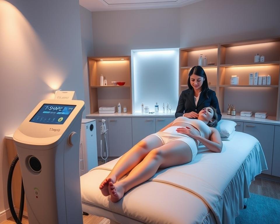 A serene and modern treatment room at Capri Med Spa, featuring a sleek T-Shape 2 machine prominently in the foreground. A professional aesthetician in smart business attire operates the device, demonstrating the body sculpting process on a patient lying comfortably on a treatment bed, dressed in modest clothing. The ambiance is calm and inviting, with soft, warm lighting illuminating the space, creating a soothing atmosphere. The middle of the image includes various body contouring tools and a serene color palette of blues and whites. In the background, there are elegant wooden shelves with neatly arranged skincare products. The angle should be slightly elevated, focusing on the interaction between the aesthetician and the patient. The overall feel is professional, warm, and focused on wellness. A serene and modern treatment room at Capri Med Spa, featuring a sleek T-Shape 2 machine prominently in the foreground. A professional aesthetician in smart business attire operates the device, demonstrating the body sculpting process on a patient lying comfortably on a treatment bed, dressed in modest clothing. The ambiance is calm and inviting, with soft, warm lighting illuminating the space, creating a soothing atmosphere. The middle of the image includes various body contouring tools and a serene color palette of blues and whites. In the background, there are elegant wooden shelves with neatly arranged skincare products. The angle should be slightly elevated, focusing on the interaction between the aesthetician and the patient. The overall feel is professional, warm, and focused on wellness.