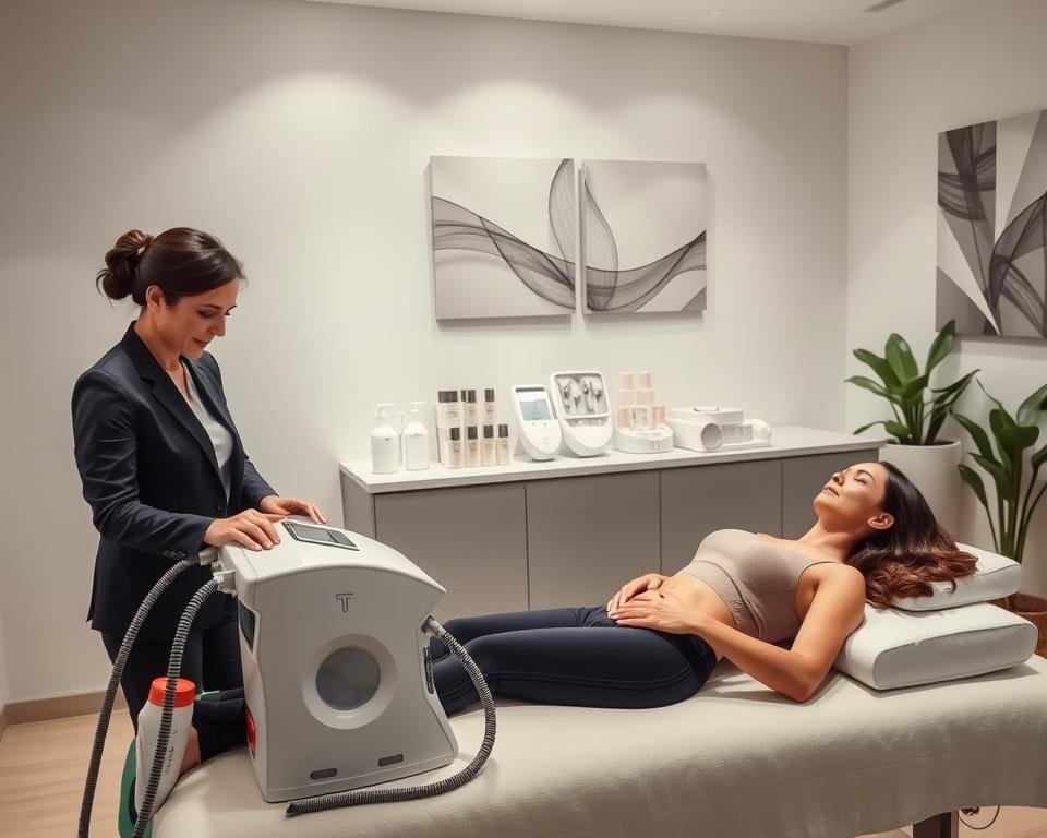 A serene and modern treatment room at Capri Med Spa in Glendale, showcasing body contouring treatments. In the foreground, a professional clinician in smart business attire demonstrates the T-Shape 2 machine on a client who is comfortably reclined, dressed modestly. Soft, diffused lighting enhances the calming atmosphere, highlighting the sleek design of the equipment and the soothing colors of the decor. In the middle ground, an array of body sculpting tools and aesthetic products are neatly arranged on a counter, evoking a sense of professionalism and care. The background features elegant wall art and plants that promote a tranquil vibe, further emphasizing a focus on self-care and rejuvenation. The overall mood is inviting and professional, reflecting a commitment to excellence in body and face sculpting. A serene and modern treatment room at Capri Med Spa in Glendale, showcasing body contouring treatments. In the foreground, a professional clinician in smart business attire demonstrates the T-Shape 2 machine on a client who is comfortably reclined, dressed modestly. Soft, diffused lighting enhances the calming atmosphere, highlighting the sleek design of the equipment and the soothing colors of the decor. In the middle ground, an array of body sculpting tools and aesthetic products are neatly arranged on a counter, evoking a sense of professionalism and care. The background features elegant wall art and plants that promote a tranquil vibe, further emphasizing a focus on self-care and rejuvenation. The overall mood is inviting and professional, reflecting a commitment to excellence in body and face sculpting.