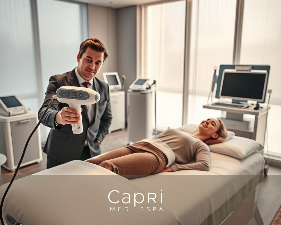 A serene and modern treatment room showcasing non-invasive body sculpting techniques. In the foreground, a professional, well-dressed practitioner demonstrates a T-Shape 2 device, its sleek design capturing a premium feel. The model lies comfortably on a treatment bed, dressed in modest, professional clothing, relaxed and confident. In the middle ground, there are high-tech equipment and aesthetic tools neatly arranged, symbolizing a state-of-the-art aesthetic environment. The background features soft, natural lighting filtering through large windows, casting a warm and inviting glow. The overall atmosphere is calming and professional, evoking trust and innovation. Include subtle branding elements of "Capri Med Spa" to highlight the facility's identity.