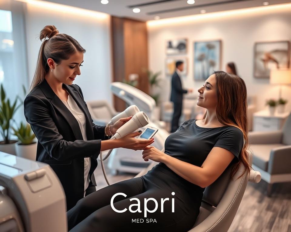 A serene and professional body contouring clinic in Glendale, showcasing a modern interior with soft, ambient lighting. In the foreground, a well-groomed female practitioner in professional attire gently operates the T-Shape 2 device, focusing intently on a client who sits comfortably, showcasing a relaxed demeanor. The middle ground features sleek, state-of-the-art equipment and calming decor, including potted plants and artful wall accents, enhancing the atmosphere of tranquility and professionalism. The background reveals a soft-focus view of a soothing waiting area where other clients are engaged in light conversation, embodying a welcoming community. The overall mood is inviting and serene, perfect for highlighting the benefits of body and face contouring. At the bottom, subtly include the brand name "Capri Med Spa" to tie the image to the service. A serene and professional body contouring clinic in Glendale, showcasing a modern interior with soft, ambient lighting. In the foreground, a well-groomed female practitioner in professional attire gently operates the T-Shape 2 device, focusing intently on a client who sits comfortably, showcasing a relaxed demeanor. The middle ground features sleek, state-of-the-art equipment and calming decor, including potted plants and artful wall accents, enhancing the atmosphere of tranquility and professionalism. The background reveals a soft-focus view of a soothing waiting area where other clients are engaged in light conversation, embodying a welcoming community. The overall mood is inviting and serene, perfect for highlighting the benefits of body and face contouring. At the bottom, subtly include the brand name "Capri Med Spa" to tie the image to the service.
