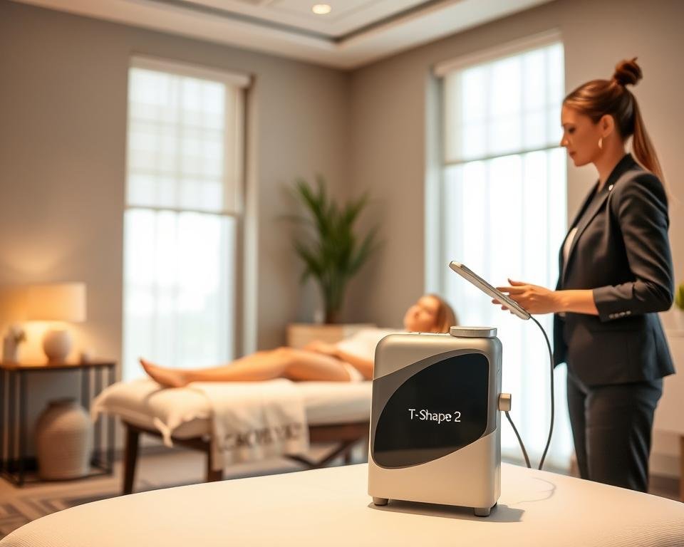 A serene and professional medical spa environment showcases the "T-Shape 2" body contouring device from Capri Med Spa. In the foreground, a skilled practitioner, dressed in professional business attire, attentively explains the procedure to a client seated comfortably on a treatment table. The middle ground features the sleek, modern T-Shape 2 device, highlighting its dual technology for body and face sculpting. The background is softly lit with warm, inviting tones and minimalistic decor, evoking a sense of tranquility and trust. Soft light filters through large windows, creating a calm atmosphere that emphasizes wellness and rejuvenation. Capture this moment from an angle that showcases both the practitioner and the device, conveying professionalism and the advanced technology used in body and face sculpting contouring.