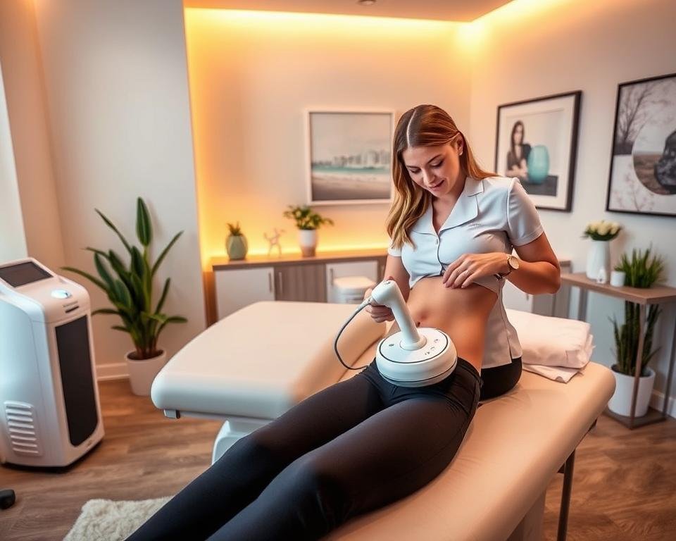 A serene and professional setting inside a modern body contouring clinic, showcasing a patient receiving a T-Shape 2 treatment at Capri Med Spa. In the foreground, a licensed aesthetician attentively applies the device to the patient's abdomen, both wearing professional attire. The middle ground features a sleek treatment bed and advanced equipment, with warm, calming lighting that enhances the atmosphere of relaxation and rejuvenation. The background includes soothing decor with soft colors, plants, and modern art that evoke a sense of sophistication. The image captures a sense of trust and professionalism, emphasizing the transformative effects of body and face sculpting contouring services in Los Angeles. The angle is slightly from above for an inclusive view of the procedure.