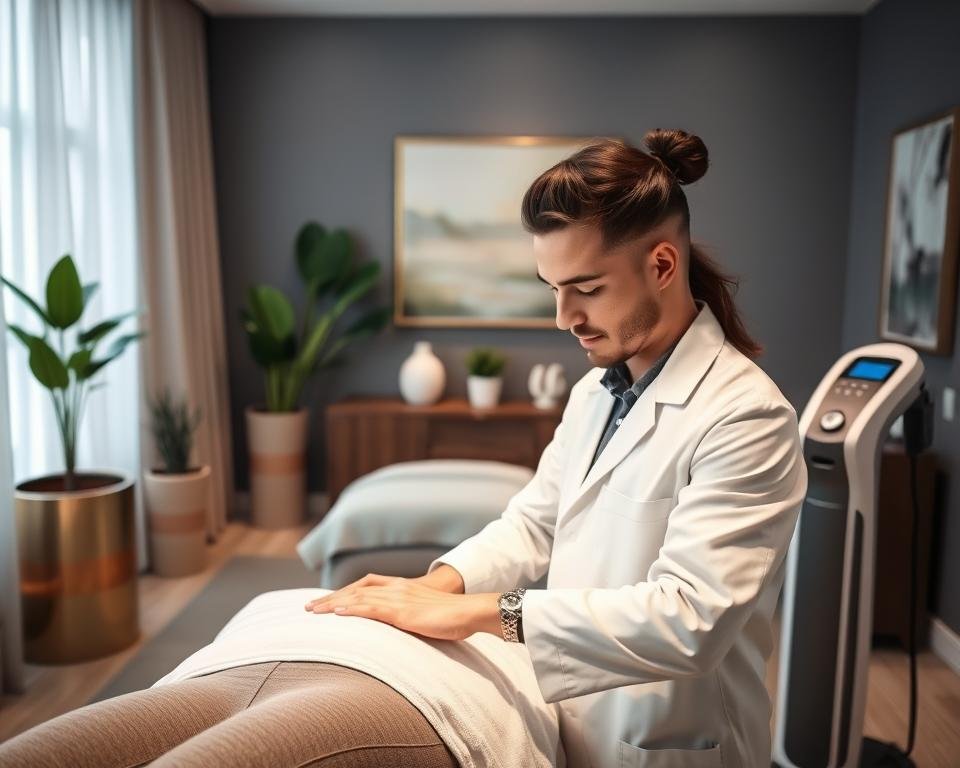 A serene and professional spa environment showcasing body sculpting techniques at Capri Med Spa. In the foreground, a well-groomed practitioner in a white lab coat expertly performs a T-Shape 2 body sculpting treatment on a client, who is dressed in modest athletic wear. The practitioner is focused and attentive, demonstrating care and professionalism. In the middle, an elegant treatment room with soft lighting highlights advanced sculpting equipment, including the T-Shape 2 device prominently displayed nearby. The background features calming elements like potted plants and abstract art, creating a tranquil atmosphere. The image is well-lit with natural light filtering through sheer curtains, enhancing the peaceful ambiance that conveys a sense of wellness and rejuvenation.