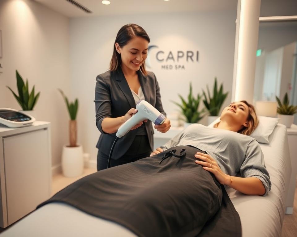 A serene clinical setting at Capri Med Spa, featuring a non-invasive body sculpting session. In the foreground, a professional female practitioner in smart casual attire demonstrates the T-Shape 2 device on a client who is comfortably reclined, wearing a modest gown. The middle ground highlights the advanced equipment and medical tools, emphasizing a clean and modern aesthetic. Soft, diffused lighting casts a warm glow, enhancing the calm and inviting atmosphere of the spa. In the background, sleek decor with plants and soothing colors promotes a sense of tranquility. The angle captures both the device and the engaged expressions of the practitioner and client, showcasing the innovative and supportive experience of body and face sculpting.