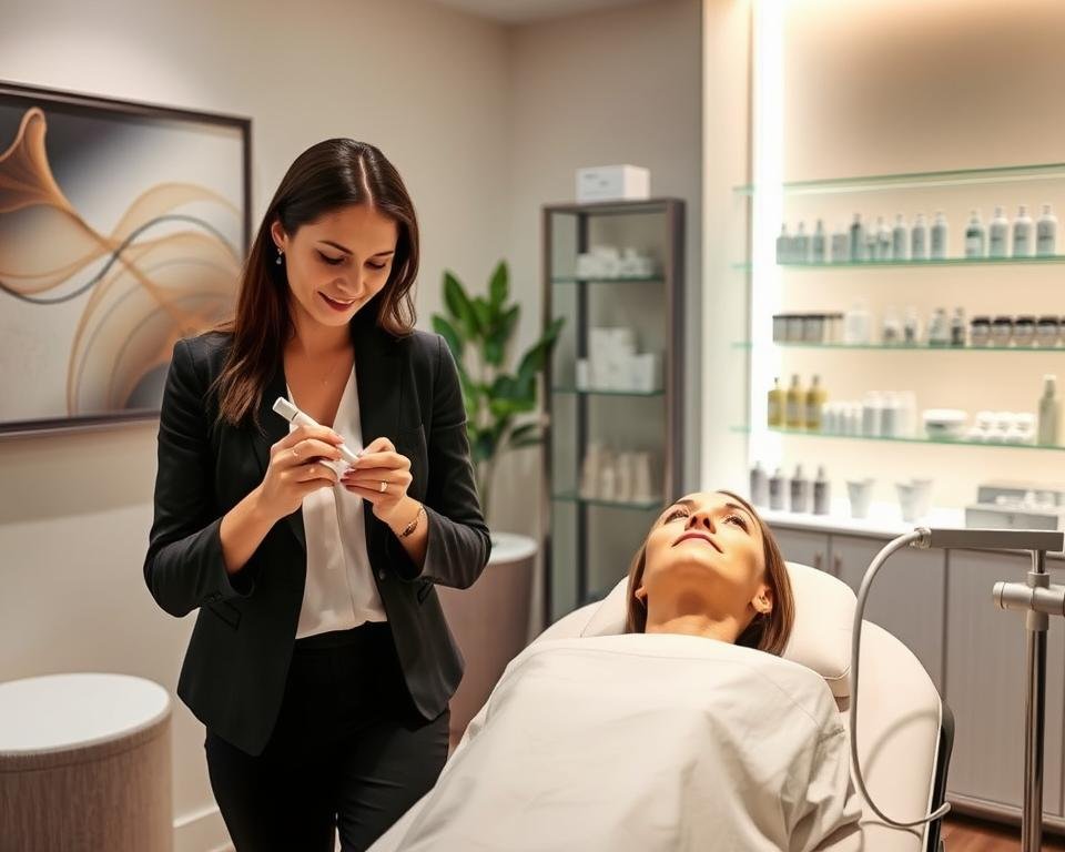 A serene, modern treatment room at Capri Med Spa dedicated to face sculpting techniques. In the foreground, a skilled aesthetician demonstrates a facial treatment using advanced tools and techniques, wearing professional business attire. The aesthetician’s focused expression conveys expertise and care. In the middle area, an elegant treatment chair with soft, white linens invites clients for sculpting services, illuminated by warm, inviting lighting. On the walls, tasteful artwork reflects the spa's soothing ambiance. The background features an array of high-quality skincare products displayed neatly on shelves, enhancing the luxurious feel. The atmosphere is calm and professional, with gentle, diffused light creating a serene environment perfect for beauty treatments.