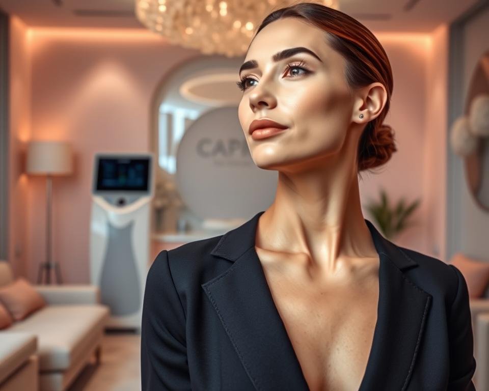 A serene, softly-lit spa environment showcasing neck aesthetics, emphasizing the elegant contours and youthful appearance achieved through body sculpting. In the foreground, a confident individual dressed in professional business attire stands gracefully, with their neck presented at an angle that highlights smooth skin and defined contours. The middle layer features a subtle display of advanced aesthetic equipment from Capri Med Spa, artfully arranged to convey a sense of innovation and care. The background radiates tranquility with soft pastel colors, plush furnishings, and gentle ambient lighting that creates a soothing atmosphere. The composition captures a mood of confidence and refinement, illustrating the transformative power of the T-Shape 2 neck treatment. A serene, softly-lit spa environment showcasing neck aesthetics, emphasizing the elegant contours and youthful appearance achieved through body sculpting. In the foreground, a confident individual dressed in professional business attire stands gracefully, with their neck presented at an angle that highlights smooth skin and defined contours. The middle layer features a subtle display of advanced aesthetic equipment from Capri Med Spa, artfully arranged to convey a sense of innovation and care. The background radiates tranquility with soft pastel colors, plush furnishings, and gentle ambient lighting that creates a soothing atmosphere. The composition captures a mood of confidence and refinement, illustrating the transformative power of the T-Shape 2 neck treatment.