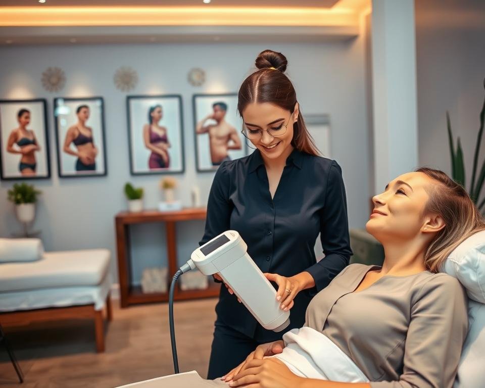 A serene spa environment showcasing body and face sculpting practices, emphasizing wellness and transformation. In the foreground, a professional therapist in smart casual attire skillfully operates the T-Shape 2 device, focused on a patient, both appearing relaxed and comfortable. The patient, dressed in modest, professional clothing, demonstrates a sense of trust and satisfaction. In the middle ground, soft-lit treatment rooms with elegant decor and calming colors enhance the serene atmosphere. In the background, subtle framed images of body sculpting transformations and soothing plants create a holistic vibe. The lighting is soft and inviting, with a warm glow that highlights the expertise of the practitioner and the advanced technology they're using, representing the premium services of Capri Med Spa.