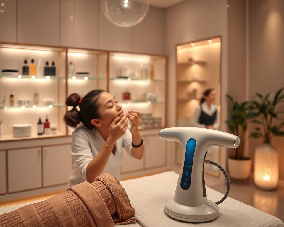 A serene spa environment showcasing face contouring services at Capri Med Spa. In the foreground, a well-lit treatment area featuring a skilled aesthetician, dressed in professional attire, applying a contouring treatment on a client's face. The client, relaxed and smiling, appears comfortable in a modest spa gown. In the middle ground, elegant display shelves with skincare products and equipment, including a T-shape device prominently featured for body and face sculpting, enhance the ambiance. The background subtly reveals a tranquil setting with soft lighting, calming colors, and plants, creating a soothing atmosphere. The image captures the essence of rejuvenation and beauty, designed to illustrate the understanding of body and face sculpting services.