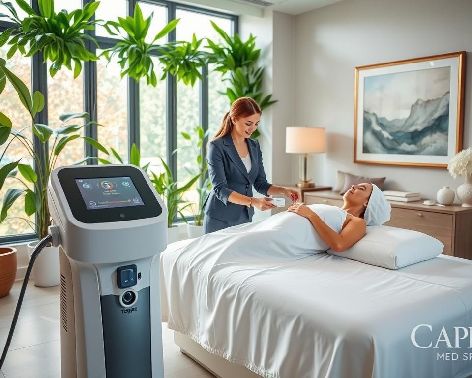 A serene spa setting showcasing non-invasive body contouring treatments. In the foreground, a state-of-the-art T-Shape 2 machine, featuring sleek design and digital interface, ready for use. The middle ground includes a professional therapist in modest business attire, demonstrating a calming technique on a patient, who is comfortably reclined and fully covered with a soft white drape. Soft, natural lighting filters through large windows adorned with lush green plants, creating a tranquil atmosphere. The background is a tastefully decorated spa room with calming colors, contemporary decor, and framed abstract art, evoking relaxation and wellness. The brand name "Capri Med Spa" subtly integrated into the decor, ensuring a sophisticated yet inviting mood.