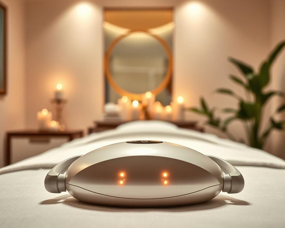 A sleek T-Shape 2 facial lifting device prominently displayed in a well-lit, modern spa environment at Capri Med Spa. The foreground features the device designed with smooth contours, equipped with ergonomic handles and glowing LED indicators, emphasizing its advanced technology. In the middle, a calming treatment room is visible, featuring soft cream-colored walls and elegant decor that enhances a serene atmosphere. The background includes a blurred view of luxurious spa elements like aromatic candles and green plants for a rejuvenating feel. Soft, diffused lighting casts gentle shadows, creating a tranquil mood. No people are present, focusing entirely on the device to highlight its purpose in facial rejuvenation treatments.