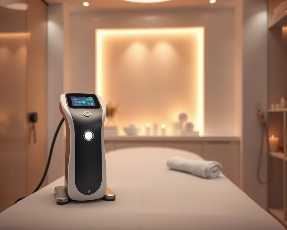 A sleek and modern depiction of the T-Shape 2 Artemis technology in a state-of-the-art medical spa setting. In the foreground, prominently feature the T-Shape 2 device, showcasing its elegant design with smooth curves and a high-tech interface. The middle layer includes a professional setting with a clean treatment room, soft neutral tones, and inviting ambient lighting that creates a calming atmosphere. In the background, blurred images of serene spa elements like soft towels and aromatic candles enhance the tranquility. The mood is revolutionary and sophisticated, highlighting the innovative essence of body sculpting and contouring. Capture the essence of Capri Med Spa through subtle branding elements, ensuring that the image feels professional and inspiring. The angle should be slightly elevated, offering a comprehensive view of the device in action, emitting a soft, warm glow.