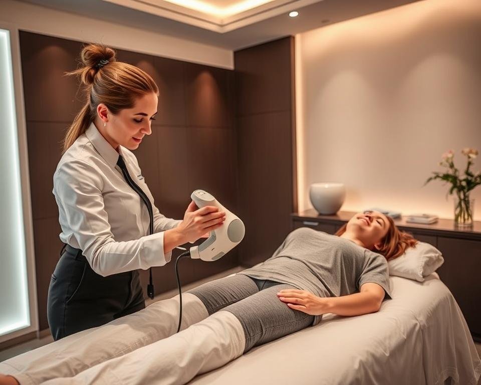 A sleek and modern interior of Capri Med Spa in Sherman Oaks, showcasing a professional body contouring treatment room. In the foreground, a well-groomed therapist in professional attire is demonstrating the T-Shape 2 device, a high-tech body contouring tool, on a client who is comfortably dressed in modest casual clothing. The client appears relaxed and pleased. In the middle ground, a clean and inviting treatment bed adorned with fresh linen and calming decor, emphasizing the spa's soothing atmosphere. The background features soft lighting with muted earth tones, highlighting the essence of tranquility and professionalism. This image captures the essence of body and face contouring services while evoking a sense of relaxation and confidence in the viewer. A sleek and modern interior of Capri Med Spa in Sherman Oaks, showcasing a professional body contouring treatment room. In the foreground, a well-groomed therapist in professional attire is demonstrating the T-Shape 2 device, a high-tech body contouring tool, on a client who is comfortably dressed in modest casual clothing. The client appears relaxed and pleased. In the middle ground, a clean and inviting treatment bed adorned with fresh linen and calming decor, emphasizing the spa's soothing atmosphere. The background features soft lighting with muted earth tones, highlighting the essence of tranquility and professionalism. This image captures the essence of body and face contouring services while evoking a sense of relaxation and confidence in the viewer.